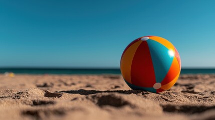 Colorful Beach Ball Resting on Soft Sand under Bright Sunny Sky