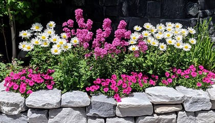 Colorful flowerbed with stone wall