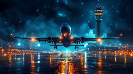 Night airport scene with an airplane taking off in blurred motion, air traffic control tower brightly lit, runway lights aglow 