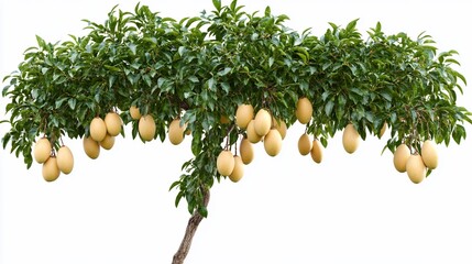 Lush Mango Tree Branch, Ripe Fruit, White Background, Orchard Setting, Food Packaging