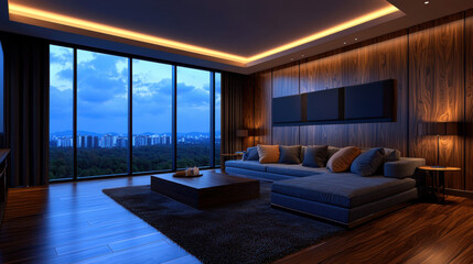 A modern living room with a bed, stylish furniture, comfortable sofa, and bright windows, featuring a sleek design in a luxurious apartment or hotel room, showcasing contemporary architecture