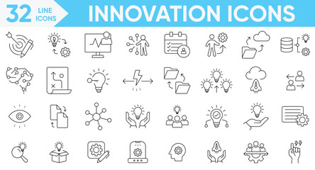 Innovation icon set.traffic, files, cloud, server.prototype, visionary, solution, idea generation, revolution and more.Vector and illustrator set.