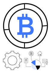 Bitcoin logo in segmented circle highlights cryptocurrency, tech, and finance. Cog, chart, and house elements represent blockchain, data, investment and digital transactions. Ideal for fintech