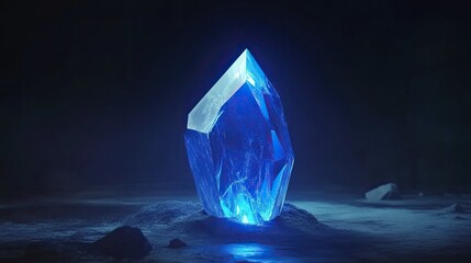 A bright blue light illuminating a dark background with geometric shapes, leaving room for branding or copy.