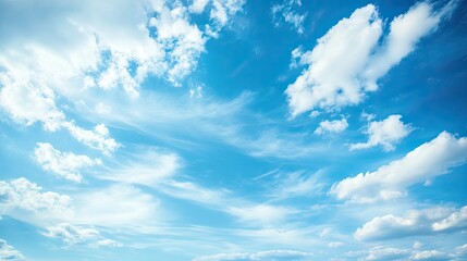 A bright, clear blue sky with soft white clouds, providing a serene and calm atmosphere with space for promotional text.