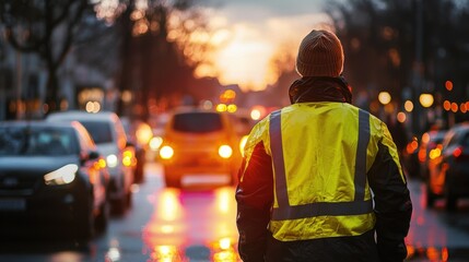Obraz premium Worker in Safety Jacket Observing Traffic at Sunset on Urban Street