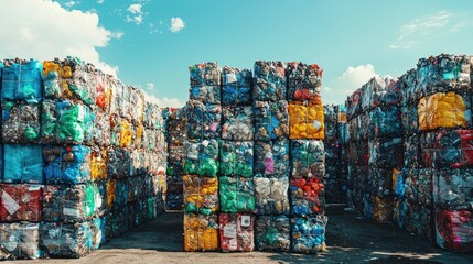Fototapeta premium Stacked Colorful Recycling Bales Under Bright Blue Sky at Waste Facility
