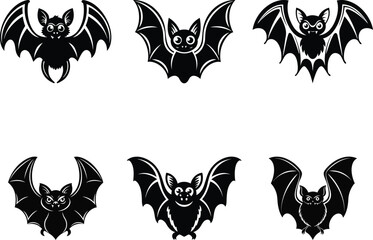 Cute and Angry Bat silhouette vector art, Black color Cute and Angry Bat line art isolated vector illustration set