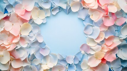 Colorful Hydrangea Flowers Forming A Circle Around Empty Blue Space