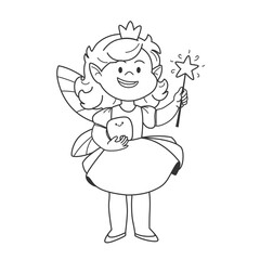 Magical tooth fairy coloring page to print. Educational coloring book for kids. Caring for baby teeth. Black outline, vector illustration.