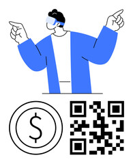 Man wearing VR headset pointing enthusiastically while standing over QR code and currency icon. Ideal for technology, finance, e-commerce, innovation, virtual interaction, digital economy, flat
