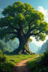Ancient oak, symmetrical crown, vast open space, tall, sunlight