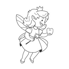 Flying tooth fairy coloring page. Cartoon character for coloring book. Cute drawing, line art vector illustration