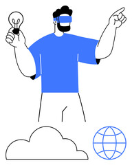 Man wearing VR headset holds lightbulb, gestures forward. Globe and cloud represent technology, innovation, global ideas. Ideal for innovation, virtual reality, creativity, global network
