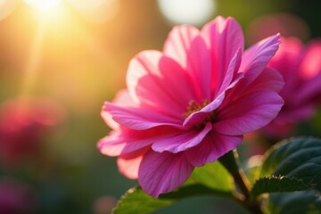 Fototapeta premium Close-up of pink flowers, sun's rays illuminating petals , pink flowers, sunlit