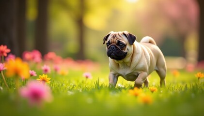 Fototapeta premium Content pug frolicking amidst blooming flowers in a sun-drenched park , sunny, peaceful, Pug