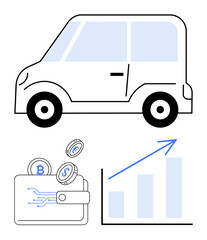 Naklejka premium Electric vehicle with cryptocurrency coins and digital wallet beside a rising growth chart. Ideal for finance, eco-business, innovation, technology, investment, sustainability, green energy. Flat