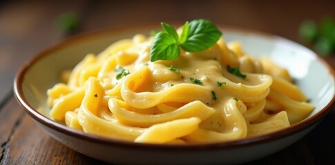 Creamy cheese sauce blankets perfectly cooked pasta , food, pesto