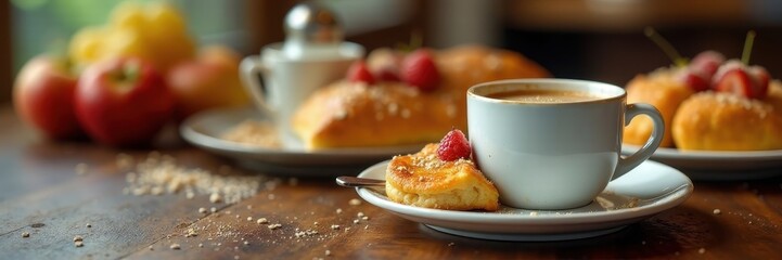 Dark roast coffee, pastries, fruit, and cereal at hotel buffet , pastries, eggs, yogurt