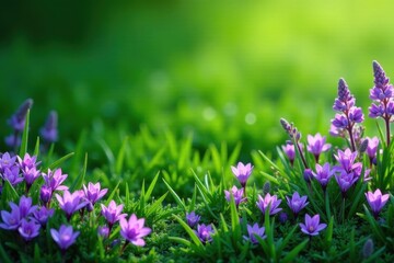 Deep green grass, profusion of purple flowers in border , spring, garden, petals