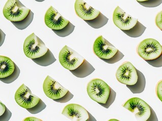 Fototapeta premium Backlit kiwi fruit slices on white background. - ai
