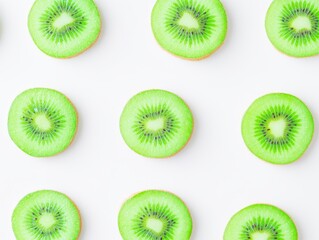 Fototapeta premium Backlit kiwi fruit slices on white background. - ai