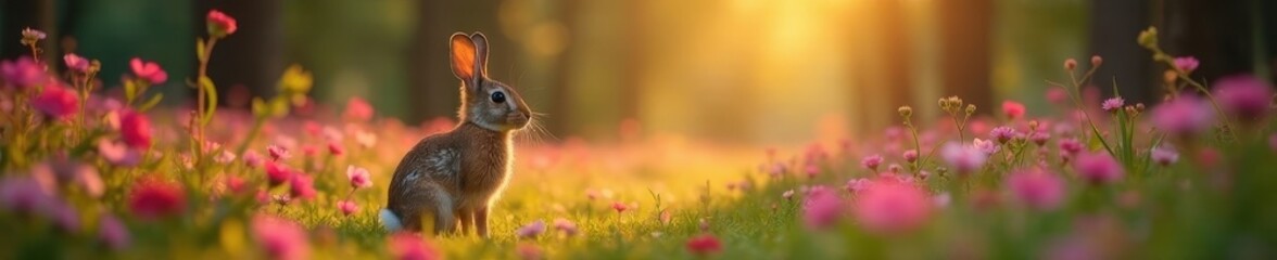 Dusk light bathes brown hare amidst pink wildflowers, ears pricked; forest undergrowth , rural, ears, summer