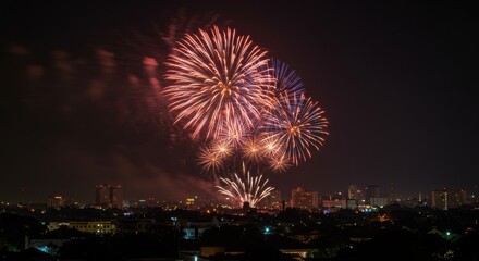Fototapeta premium Spectacular Nighttime Fireworks Display Over City Skyline A breathtaking panoramic view of vibrant fireworks exploding over a cityscape at night