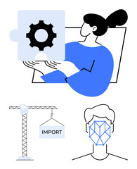 Woman with gear puzzle piece symbolizing solution, crane lifting import for trade, tech face geometry for AI. Ideal for problem-solving, trade, technology, development, collaboration, AI innovation