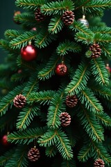 Full lush tree, varied ornaments, natural pine cones, pine cone, brown, stock