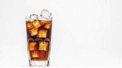 A refreshing glass of cola with ice cubes, droplets on the outside, set on a white background with space for text.