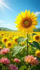 Fototapeta premium Giant sunflower dominates field of smaller sunflowers & pink blossoms, sunny day, garden, bloom