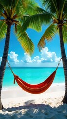 Fototapeta premium Hammock hangs between palms on flawless beach, comfort, seascape, sand