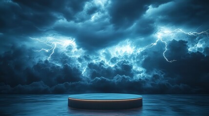Empty podium illuminated by a bright flash of lightning, with dark storm clouds swirling in the background