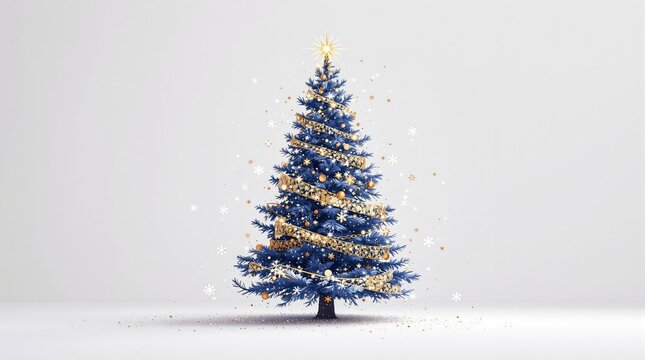 Navy blue Christmas tree with snowflakes and gold sequins, gold sequins, winter wonderland