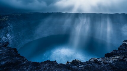 Fototapeta premium Deep blue Icelandic crater lake bathed in ethereal light and mist