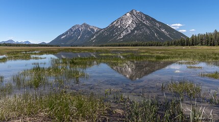 Serene Mountain Lake Reflection Under a Clear Blue Sky