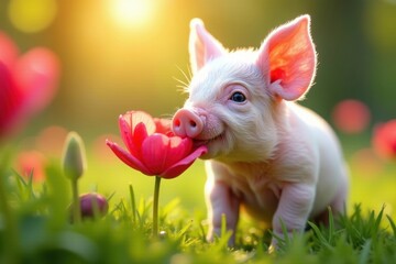 Pink piglet's nose touches vibrant bloom in sunny garden , garden, rustic, happy
