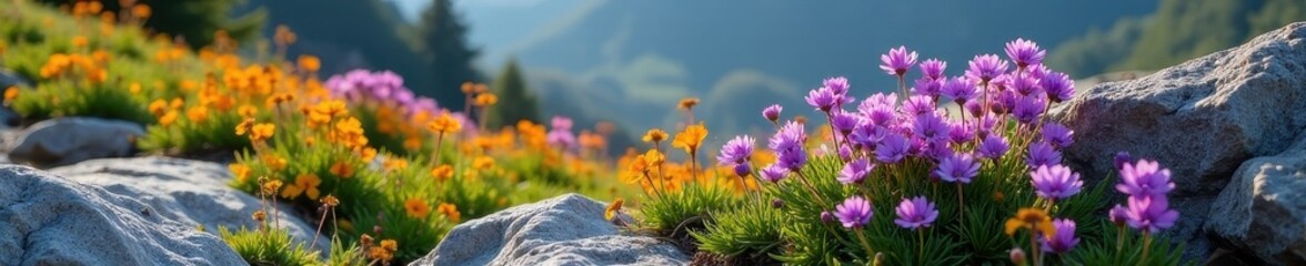 Obraz premium Purple wildflowers crown rocky outcrop near vibrant orange & purple blooms , field, blossom, flora