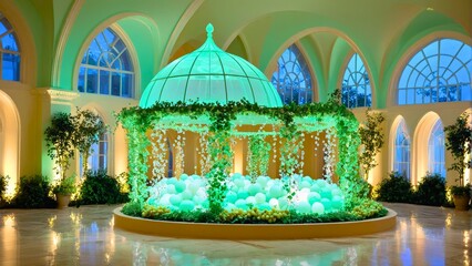 Elegant indoor garden with vibrant green illumination and decorative spherical elements