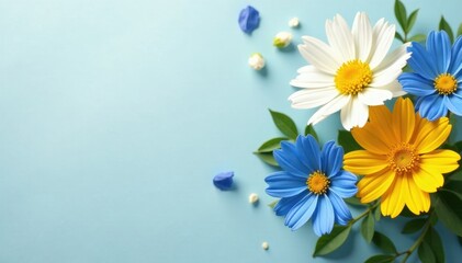 Serene blue and white flowers, sunny yellow centerpiece, nature, spring