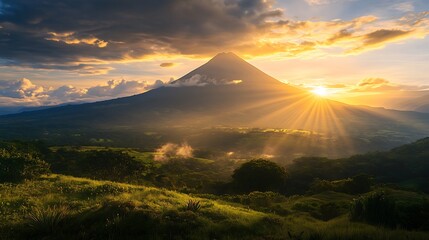 Majestic mountain peak illuminated by golden sunrise casting brilliant rays