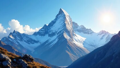 Obraz premium Single majestic mountain peak, snow-capped, sunlit, elevation, landscape, alpine