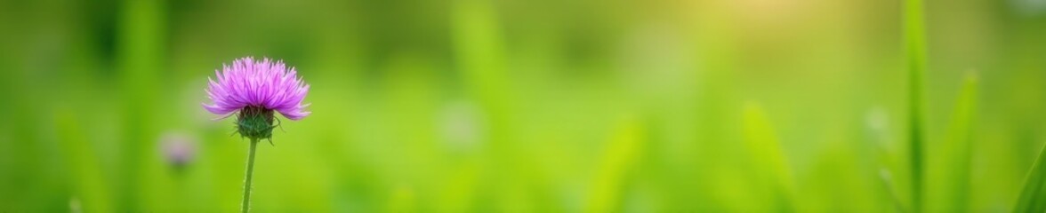 Single purple wildflower in vibrant green meadow , green field, plant