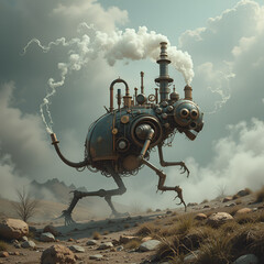 A curious creature, its body made of gears and steam pipes, scurries across a surreal landscape, leaving a trail of whimsical, swirling vapor.