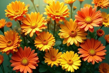 Sunlit cluster of orange and yellow daisies, flat lay , vivid, image