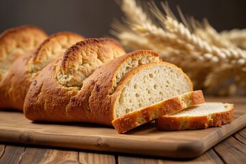 Freshly Baked Bread Loaf with Slices on Wooden Board Background