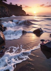 Ocean waves on a rocky beach at sunset with a hint of purple, shoreline, rocky shores