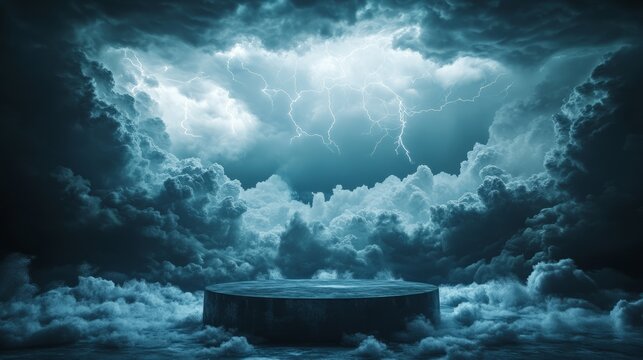 Empty podium in the middle of a powerful thunderstorm, with lightning crashing through the dark clouds above