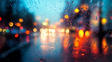 Fototapeta premium City lights through a rain-streaked window create an abstract urban vibe